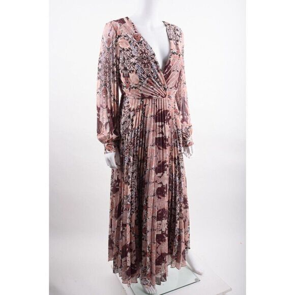 Badgley Mischka Womens Pleated Maxi Dress Sz 8 Multi-Color Pink Red Floral NWT - Picture 2 of 6